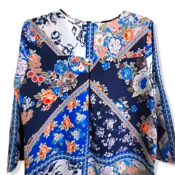 Westport Artsy Floral Patchwork 3/4 Sleeve Semi Sheer Long Tunic Blouse, M - Picture 10 of 11